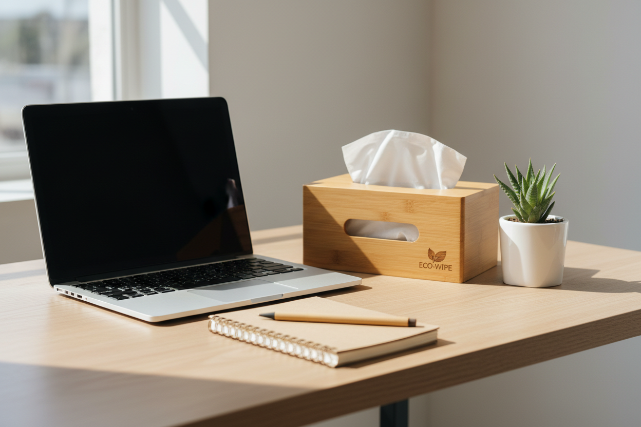 A professional photograph of a clean, well-organized modern desk. On a light wooden surface, there is an open laptop, a sleek bamboo tissue box dispenser from Eco-Wipe, a small potted succulent plant, a recycled paper notebook, and a bamboo pen. Natural light streams in from a window to the side. The overall aesthetic is minimalist, productive, and sustainable